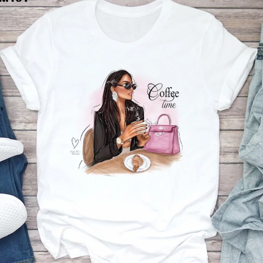 2/$45 NWT Coffee Time Fashion Graphic Tee White T-Shirt S